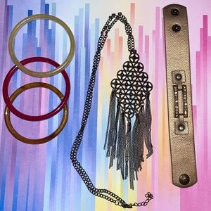 Paparazzi necklace & bracelet. Both brown. Yellow stones in both and 3 bangles